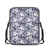 White Blue Skull Floral Pattern Print Rectangular Crossbody Bag