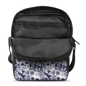 White Blue Skull Floral Pattern Print Rectangular Crossbody Bag