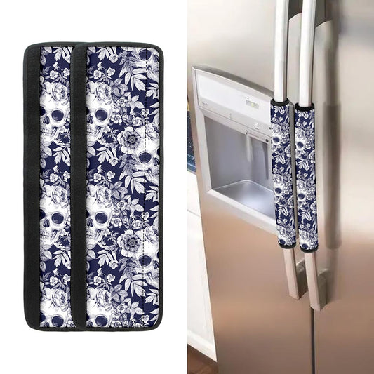 White Blue Skull Floral Pattern Print Refrigerator Handle Covers