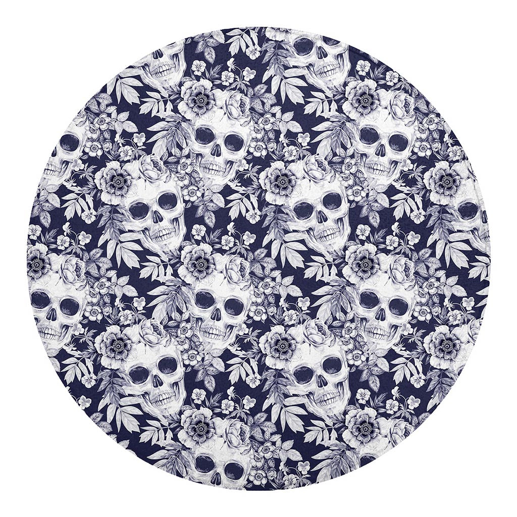 White Blue Skull Floral Pattern Print Round Blanket