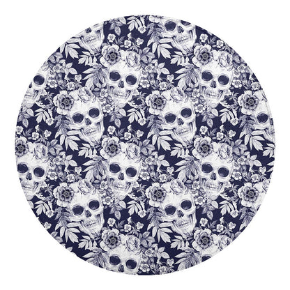 White Blue Skull Floral Pattern Print Round Blanket