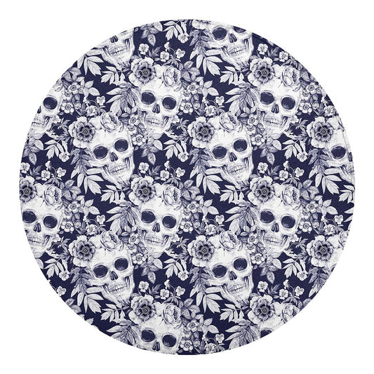 White Blue Skull Floral Pattern Print Round Blanket