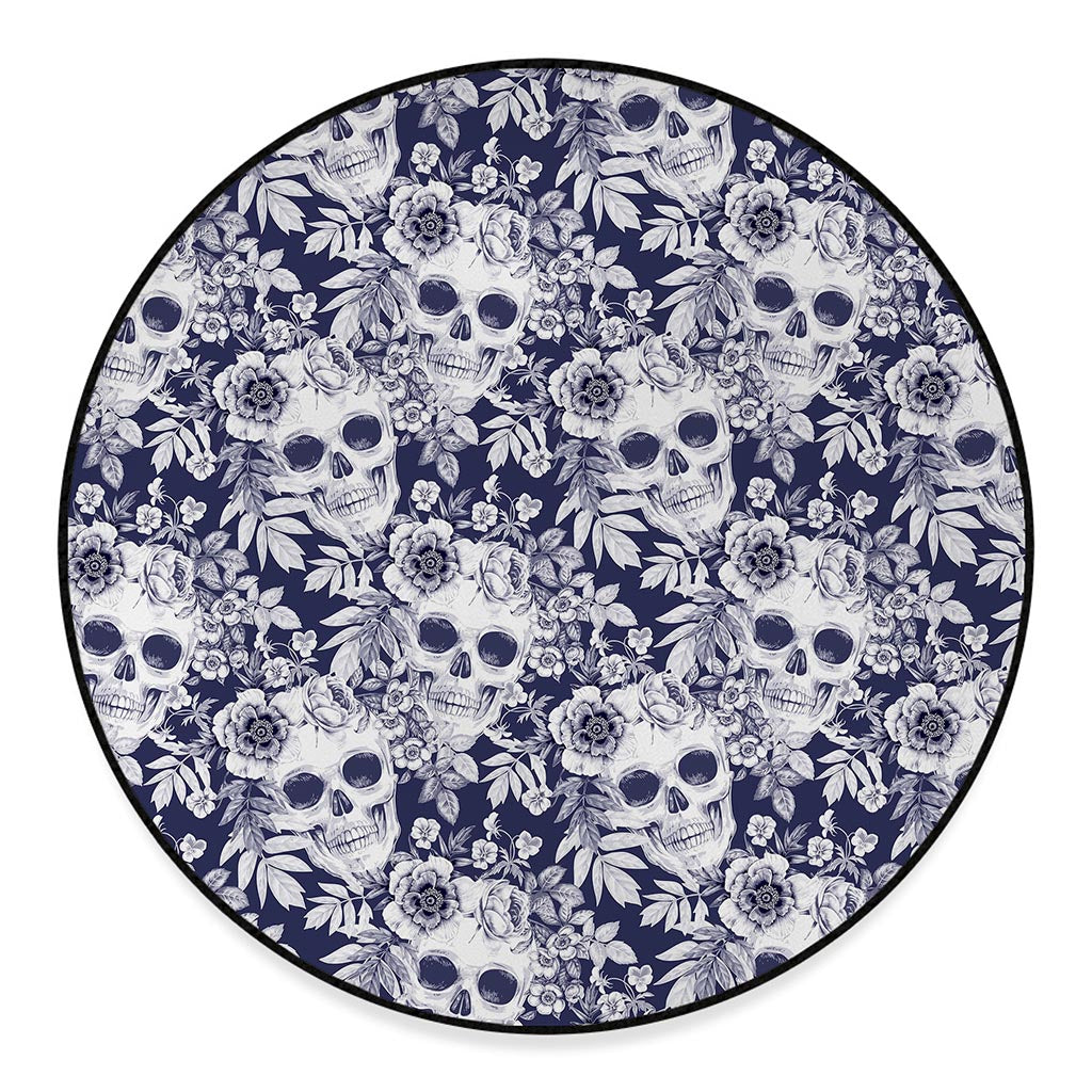 White Blue Skull Floral Pattern Print Round Floor Mat