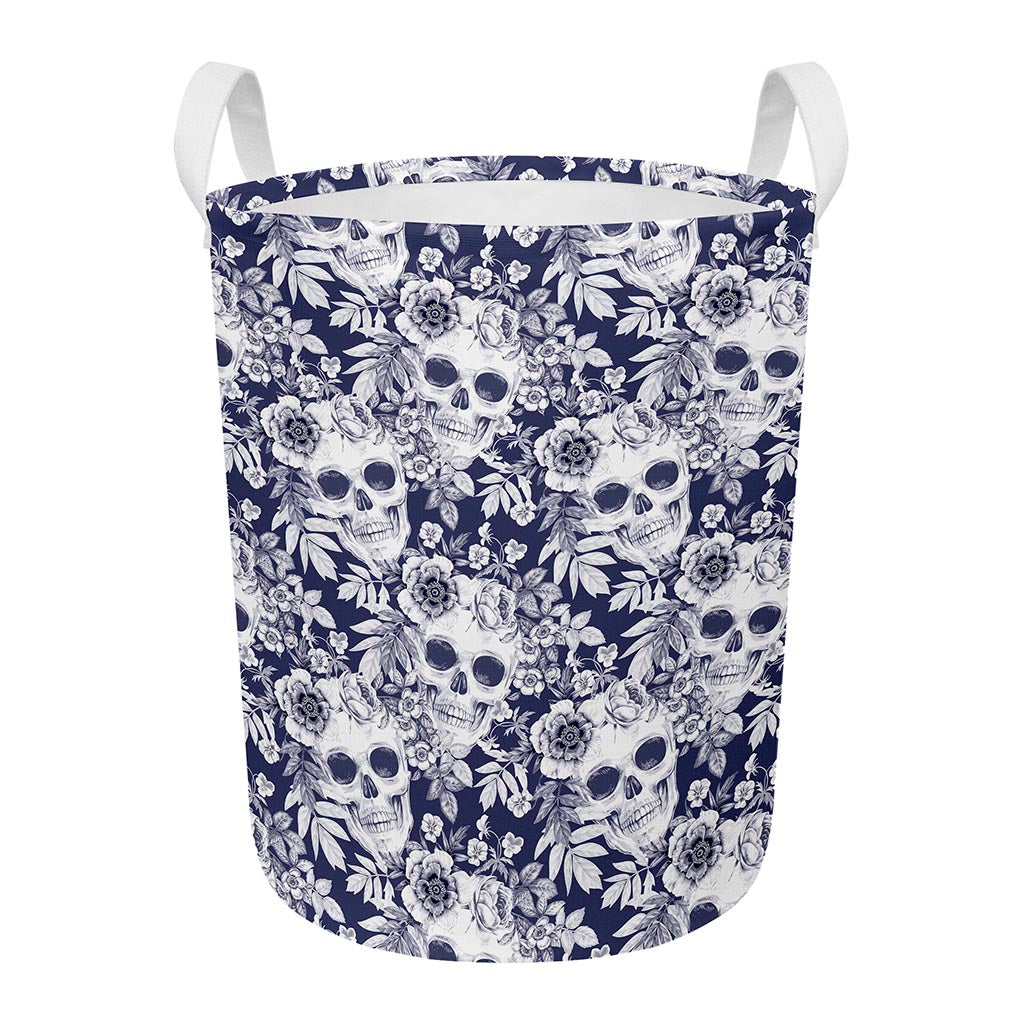 White Blue Skull Floral Pattern Print Round Laundry Basket