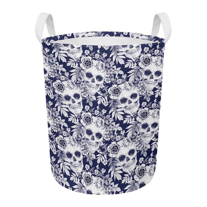 White Blue Skull Floral Pattern Print Round Laundry Basket