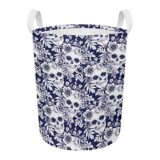White Blue Skull Floral Pattern Print Round Laundry Basket