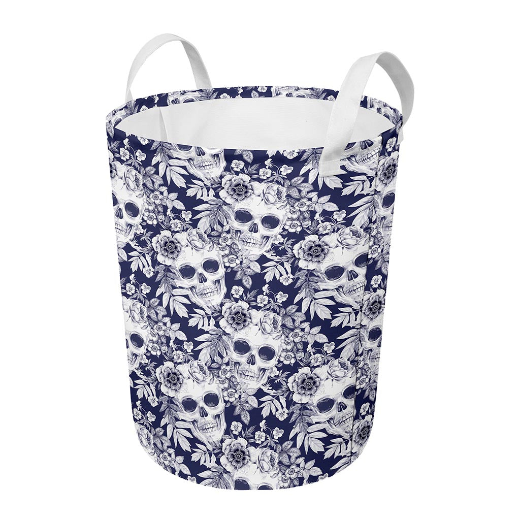 White Blue Skull Floral Pattern Print Round Laundry Basket