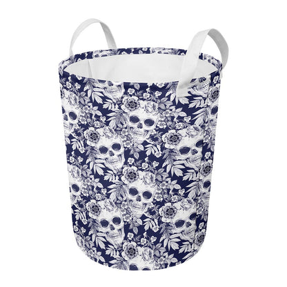 White Blue Skull Floral Pattern Print Round Laundry Basket
