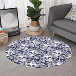 White Blue Skull Floral Pattern Print Round Rug
