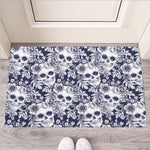 White Blue Skull Floral Pattern Print Rubber Doormat