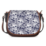White Blue Skull Floral Pattern Print Saddle Bag