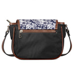 White Blue Skull Floral Pattern Print Saddle Bag