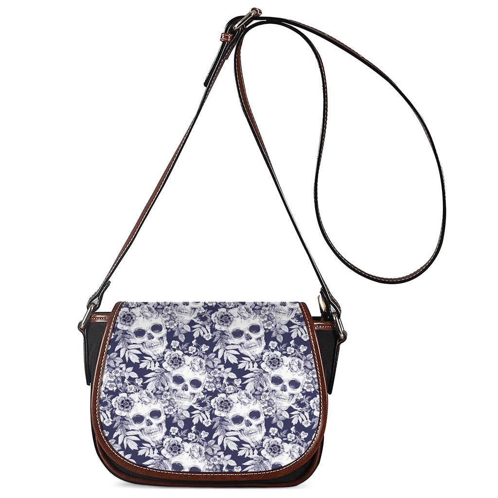White Blue Skull Floral Pattern Print Saddle Bag