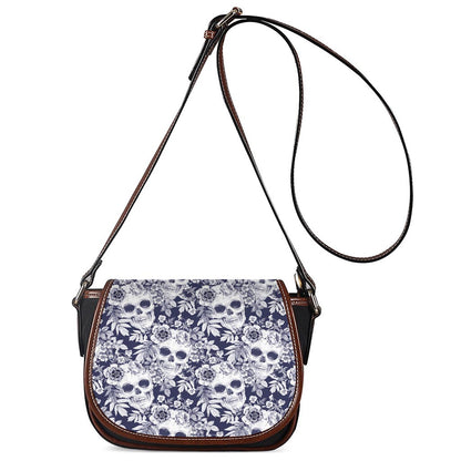 White Blue Skull Floral Pattern Print Saddle Bag