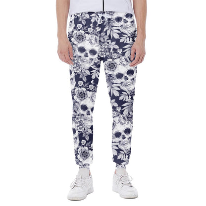 White Blue Skull Floral Pattern Print Scuba Joggers