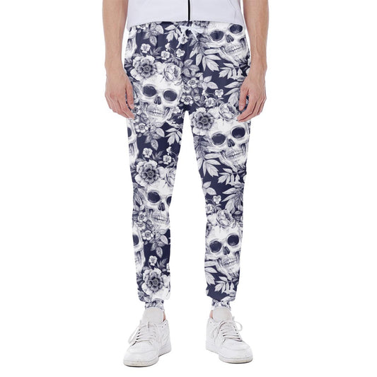 White Blue Skull Floral Pattern Print Scuba Joggers