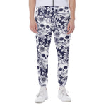 White Blue Skull Floral Pattern Print Scuba Joggers