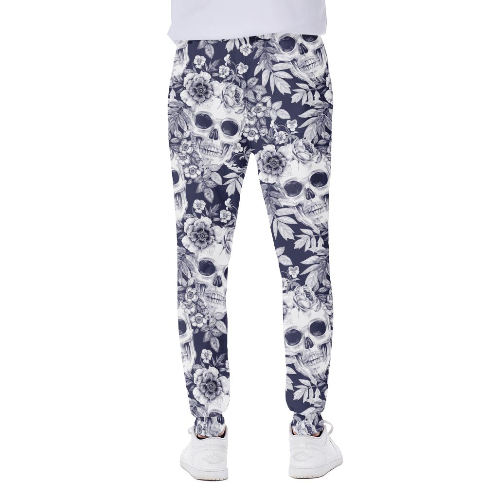 White Blue Skull Floral Pattern Print Scuba Joggers