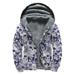 White Blue Skull Floral Pattern Print Sherpa Lined Zip Up Hoodie