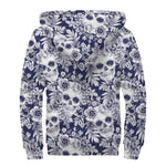 White Blue Skull Floral Pattern Print Sherpa Lined Zip Up Hoodie