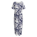 White Blue Skull Floral Pattern Print Short Sleeve Long Nightdress