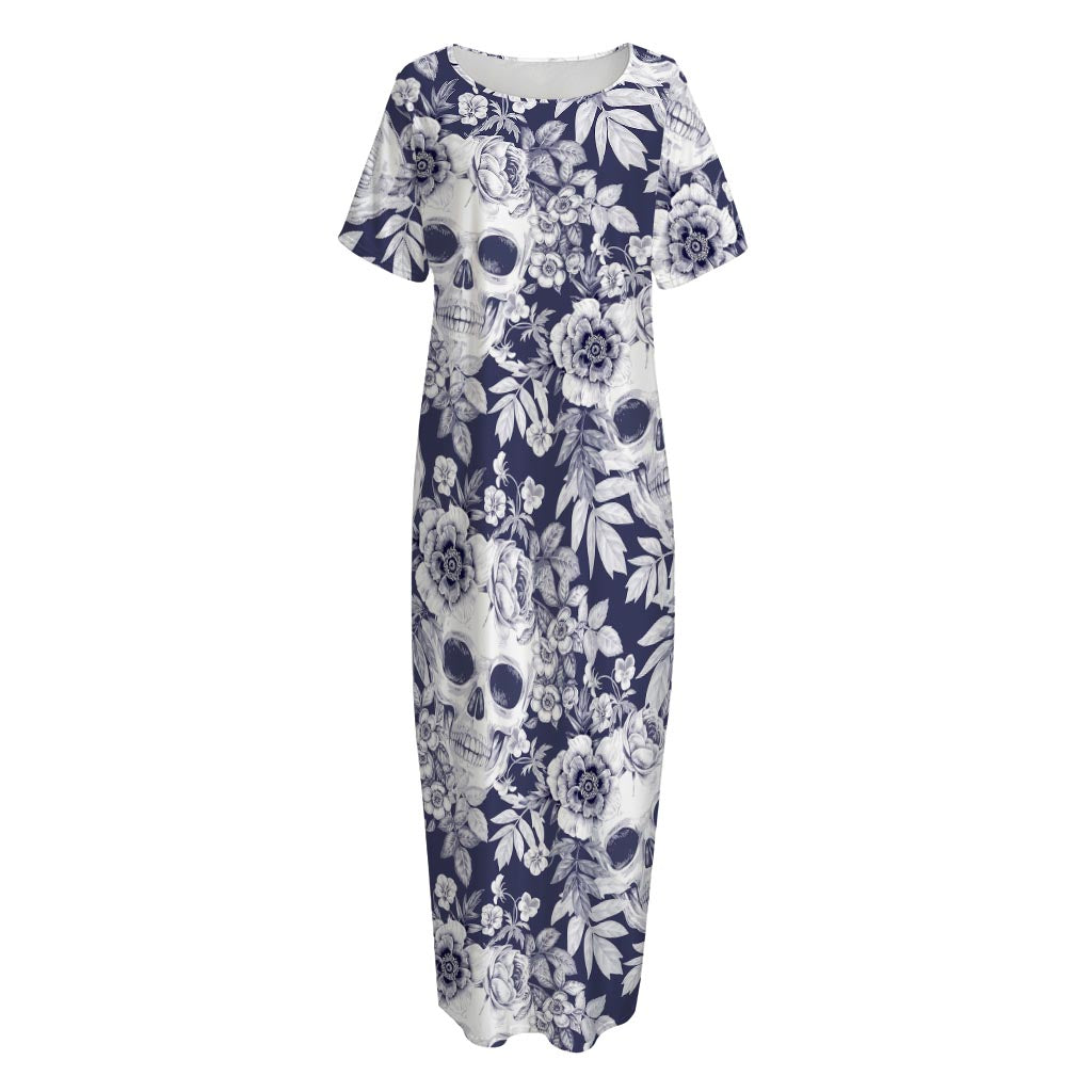 White Blue Skull Floral Pattern Print Short Sleeve Long Nightdress