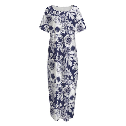 White Blue Skull Floral Pattern Print Short Sleeve Long Nightdress