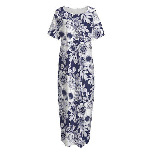 White Blue Skull Floral Pattern Print Short Sleeve Long Nightdress