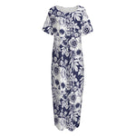 White Blue Skull Floral Pattern Print Short Sleeve Long Nightdress