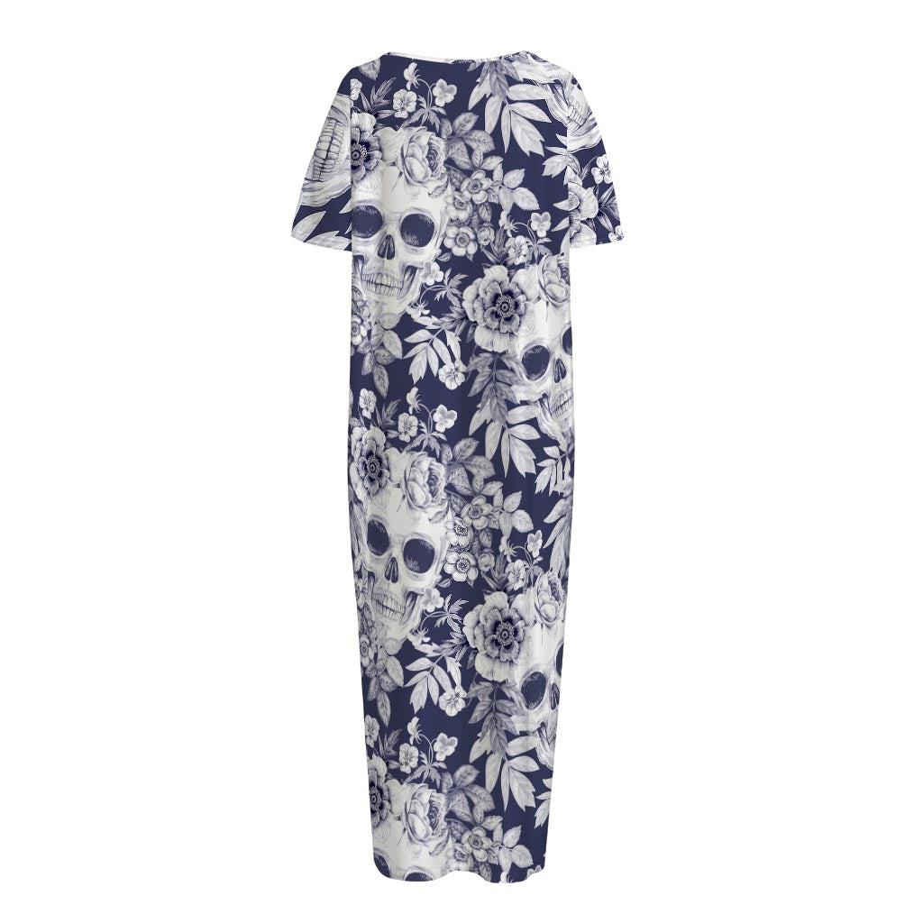 White Blue Skull Floral Pattern Print Short Sleeve Long Nightdress
