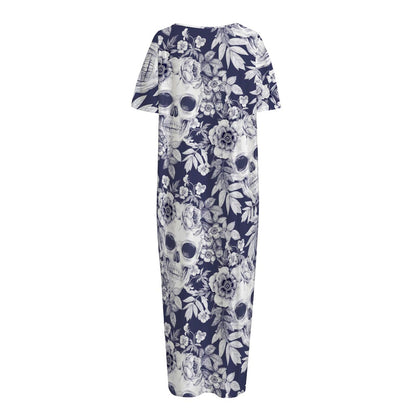 White Blue Skull Floral Pattern Print Short Sleeve Long Nightdress