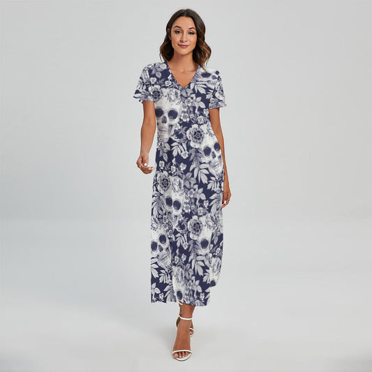 White Blue Skull Floral Pattern Print Short Sleeve Maxi Dress