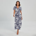 White Blue Skull Floral Pattern Print Short Sleeve Maxi Dress