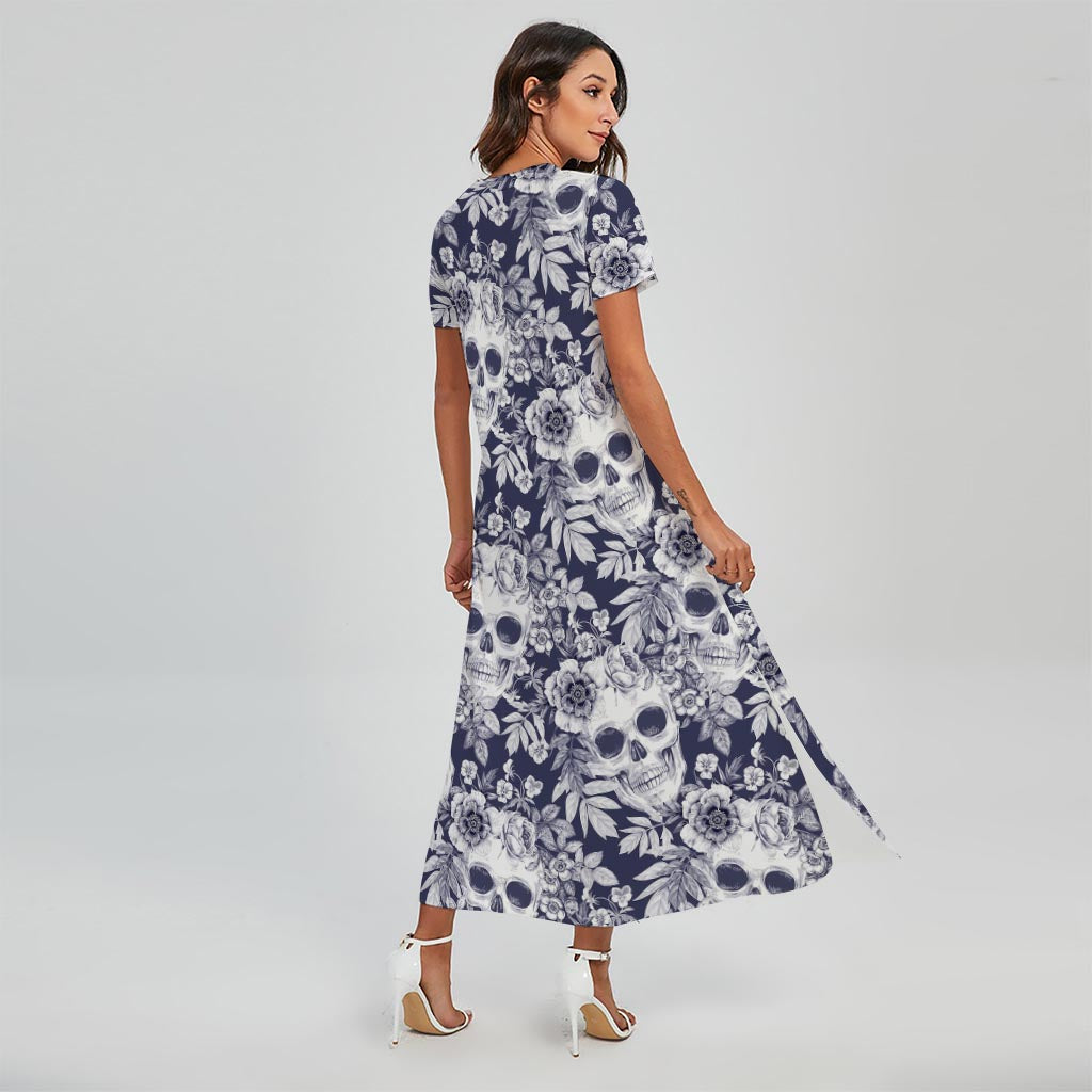 White Blue Skull Floral Pattern Print Short Sleeve Maxi Dress