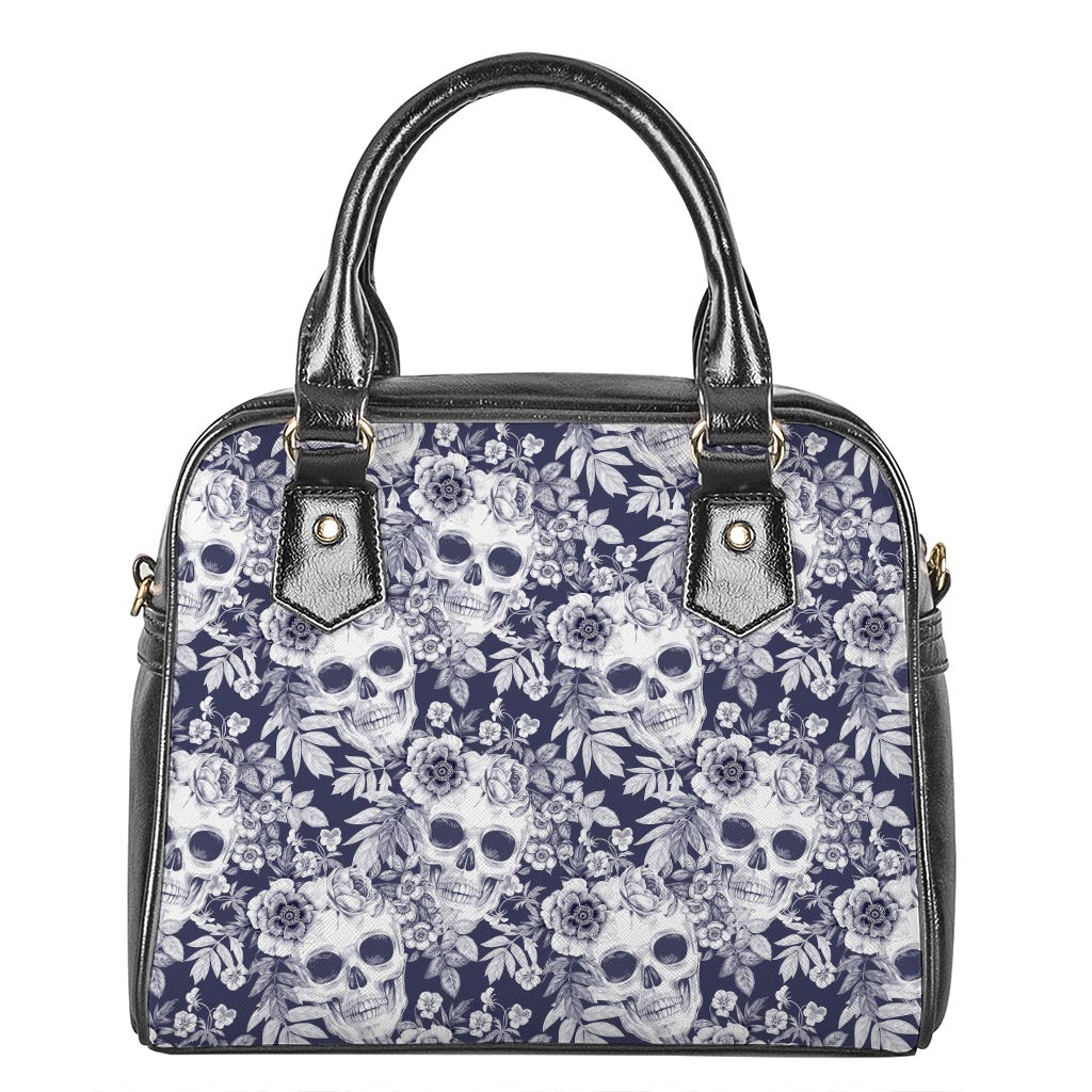 White Blue Skull Floral Pattern Print Shoulder Handbag