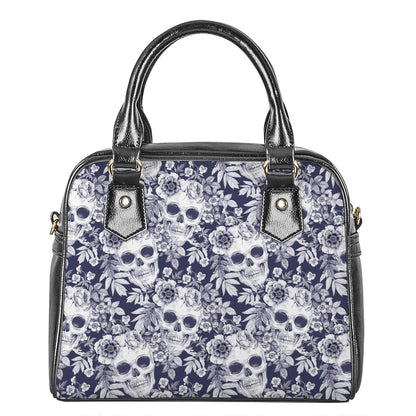 White Blue Skull Floral Pattern Print Shoulder Handbag
