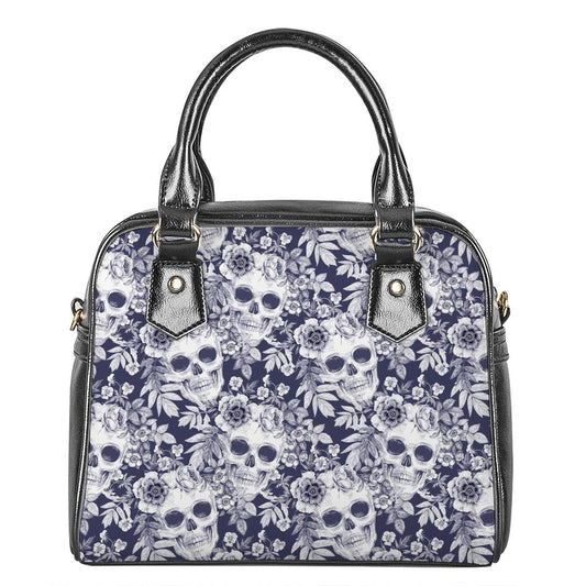 White Blue Skull Floral Pattern Print Shoulder Handbag
