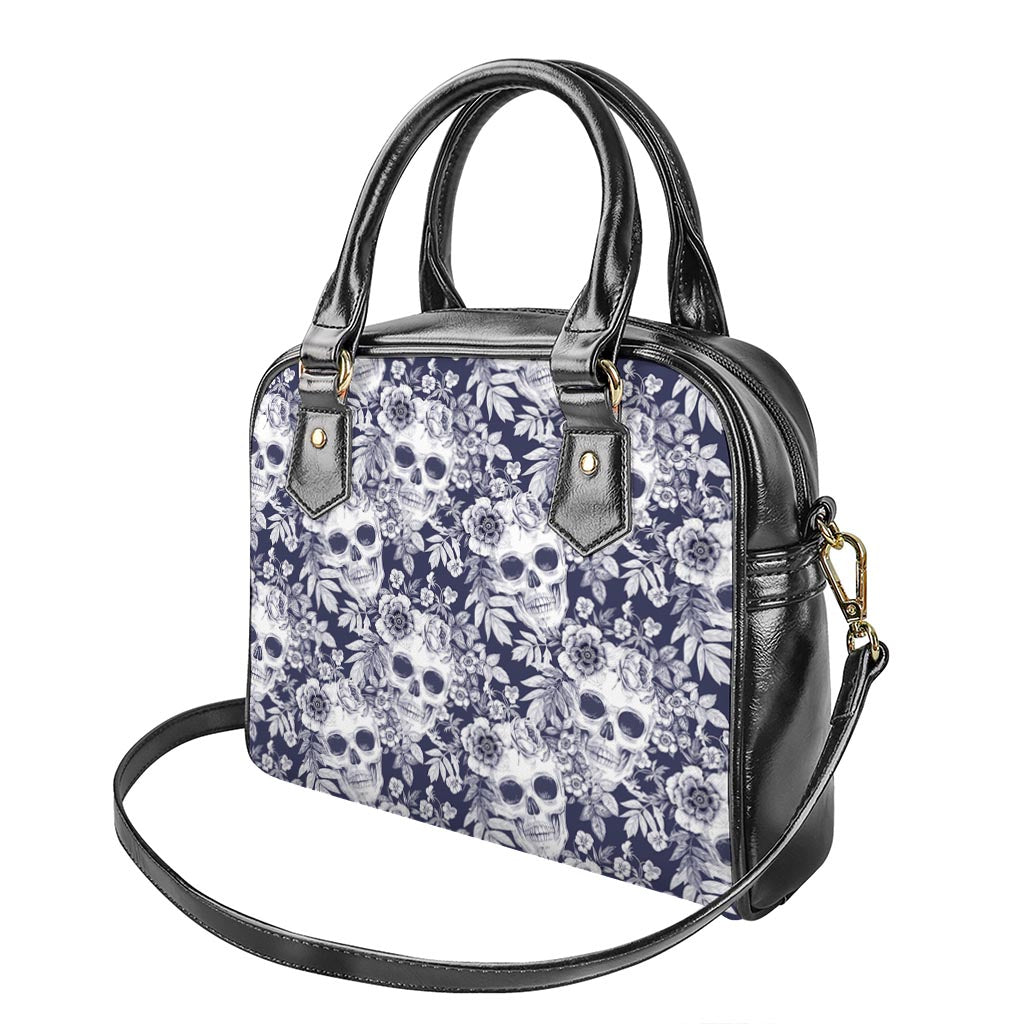 White Blue Skull Floral Pattern Print Shoulder Handbag