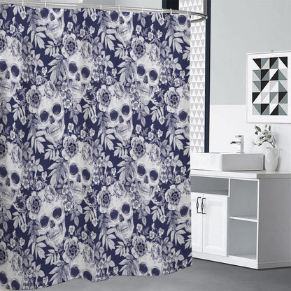 White Blue Skull Floral Pattern Print Shower Curtain