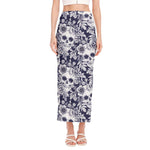 White Blue Skull Floral Pattern Print Side Slit Maxi Skirt