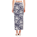 White Blue Skull Floral Pattern Print Side Slit Maxi Skirt