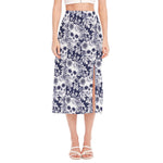 White Blue Skull Floral Pattern Print Side Slit Midi Skirt