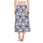 White Blue Skull Floral Pattern Print Side Slit Midi Skirt