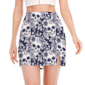 White Blue Skull Floral Pattern Print Side Slit Mini Skirt