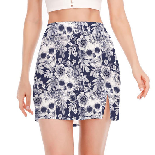 White Blue Skull Floral Pattern Print Side Slit Mini Skirt