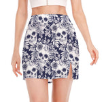 White Blue Skull Floral Pattern Print Side Slit Mini Skirt