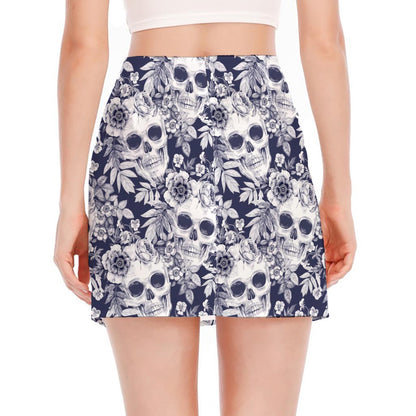 White Blue Skull Floral Pattern Print Side Slit Mini Skirt