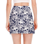 White Blue Skull Floral Pattern Print Side Slit Mini Skirt