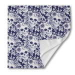 White Blue Skull Floral Pattern Print Silk Bandana