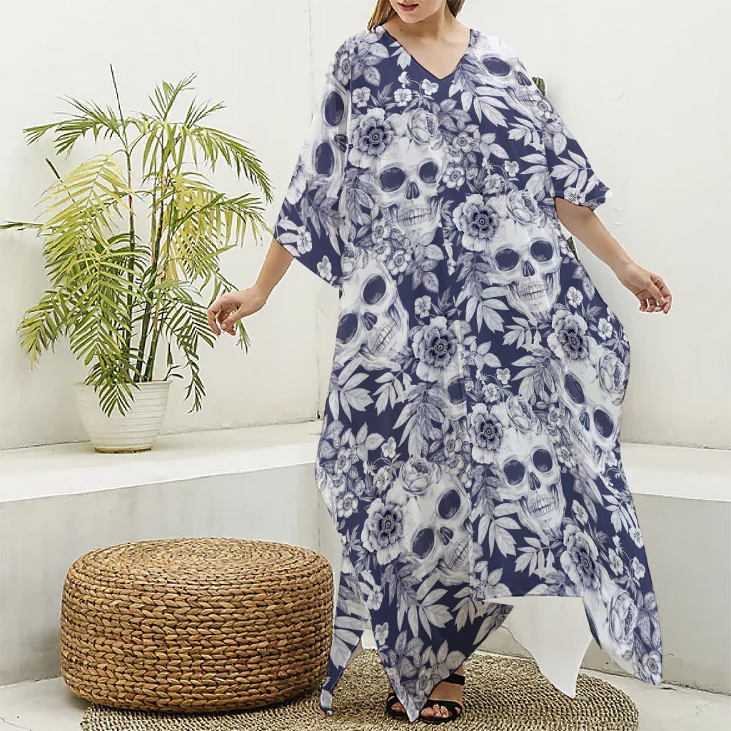 White Blue Skull Floral Pattern Print Silk V-Neck Kaftan Dress